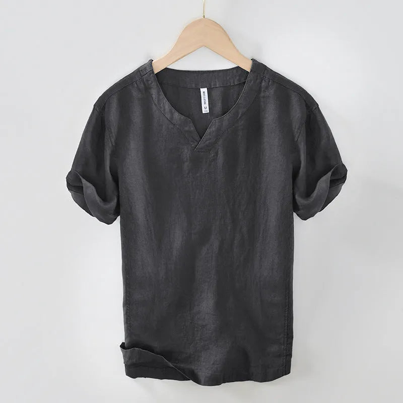 Linen short sleeve pullover T-shirt top in brown, green, dark gray, khaki, and white colours