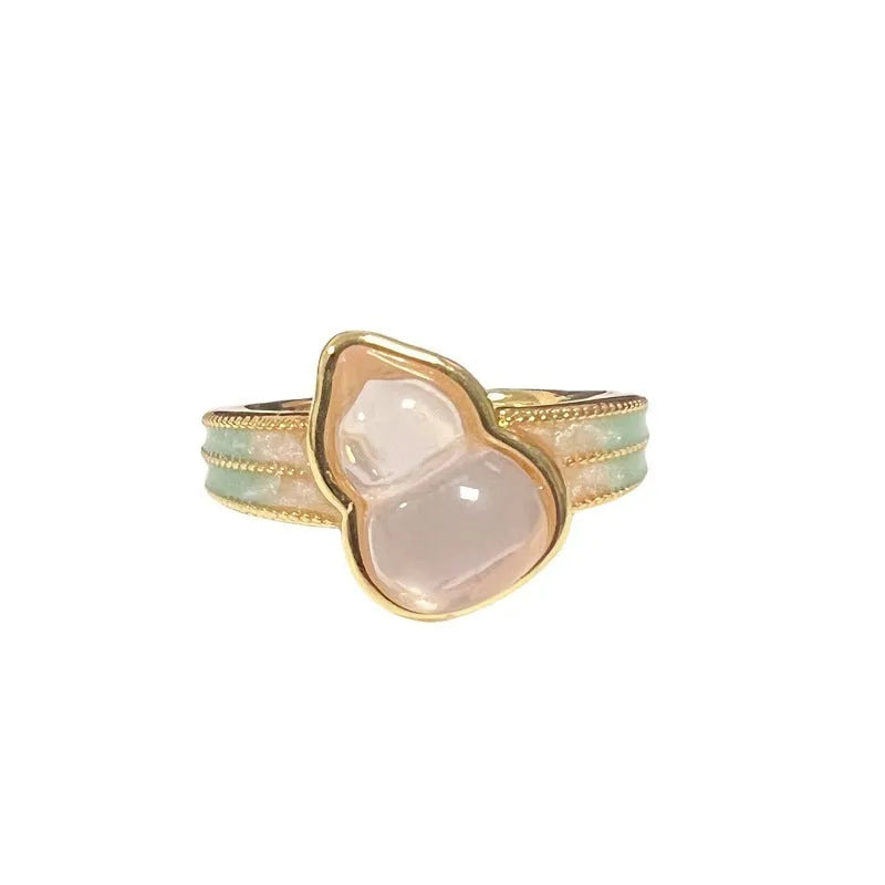 Adjustable gourd vintage ring with oil dripping finish in New Chinese style showing bow-shaped elements and zircon details