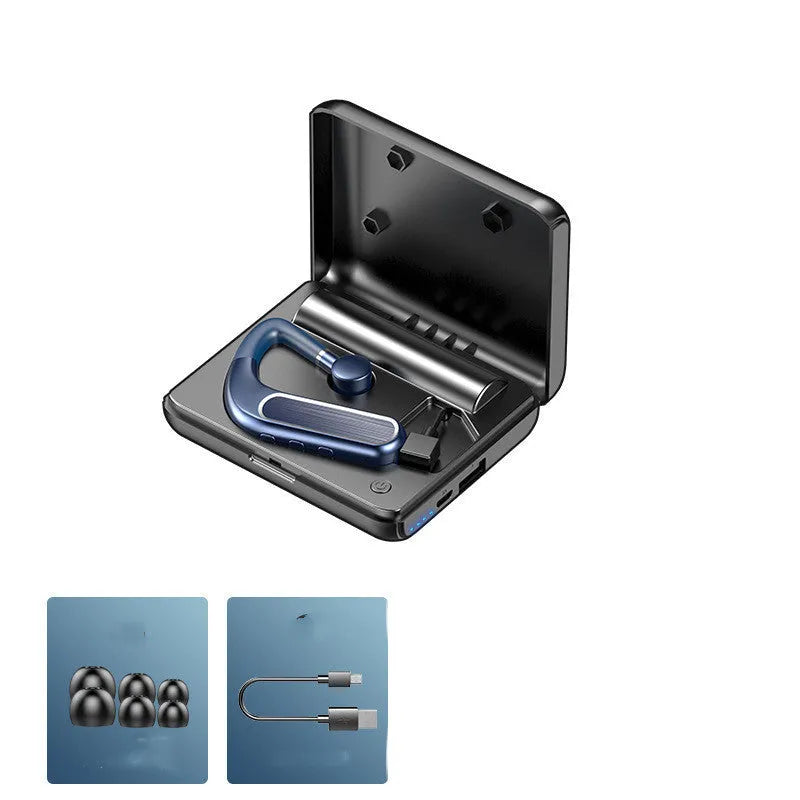 Bluetooth earphones in black with hanging ear design shown with charging cable and three pairs of silicone ear caps
