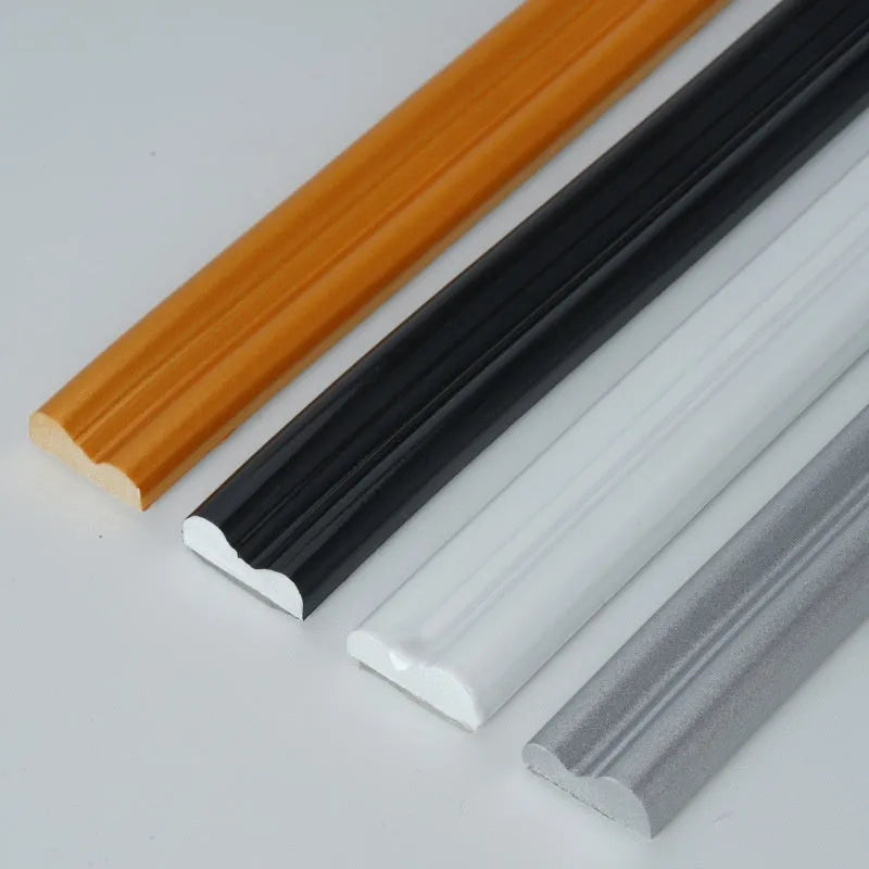 Flexible PVC background wall shaping frame with self-adhesive edge banding in white, gold, black, and silver colours.
