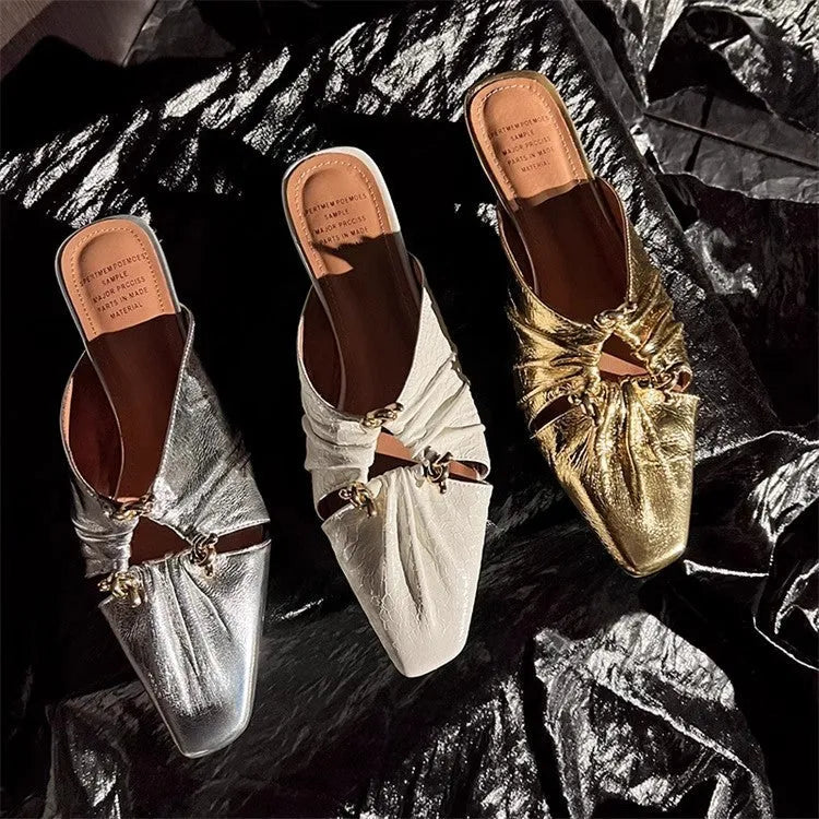 Women's genuine leather half toe cap slippers in silver with square toe and low heel