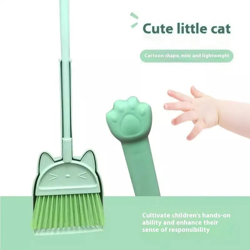 Purple, green, and beige plastic broom and dustpan set with rotating brush and storage holder