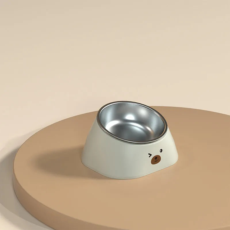 Green tilted stainless steel pet bowl with white PP base at 15-degree angle for cat or dog feeding