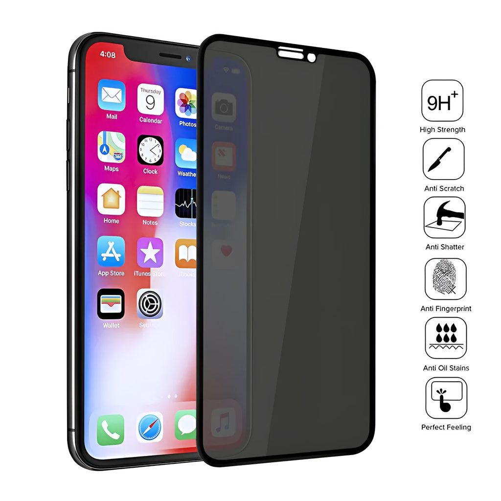 Black anti-peeping tempered glass screen protector for Apple iPhones on white background