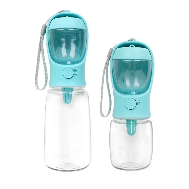 Blue portable dog water bottle with a collapsible bowl extended, showing the two-in-one design.