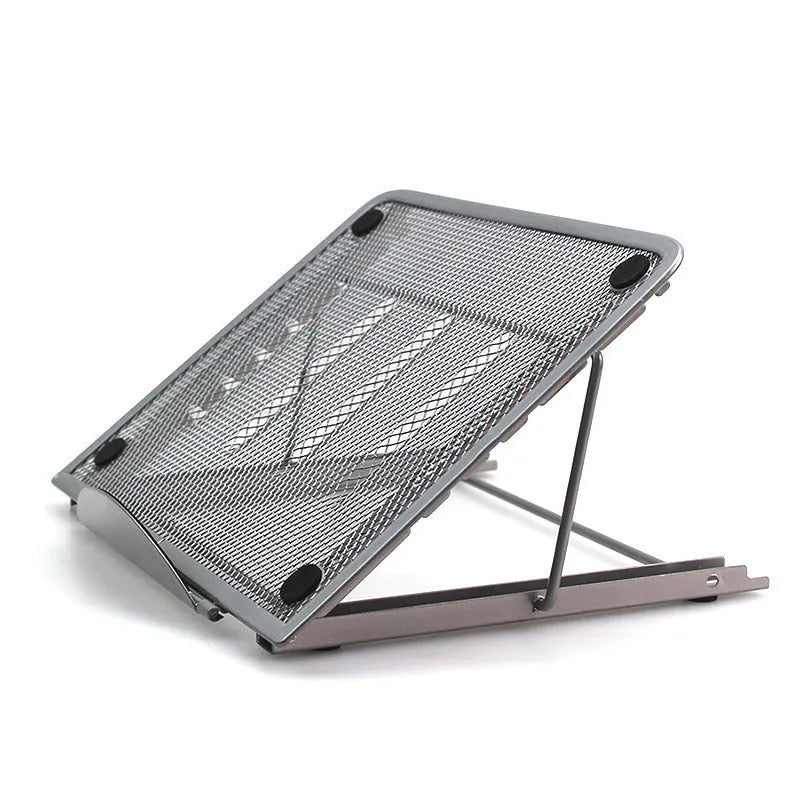 Foldable cold-rolled steel laptop and tablet stand base with six gear positions, shown in silver, measuring 24x19x1.5cm