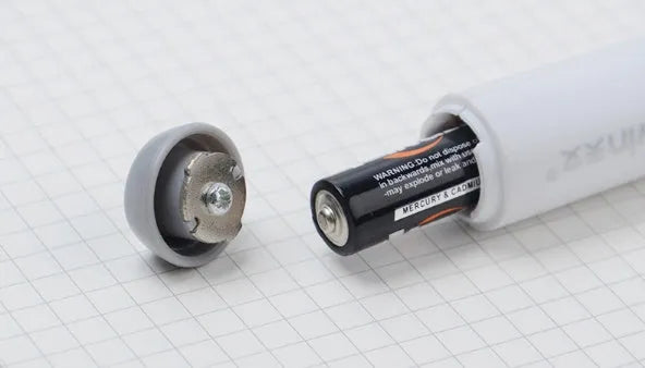 Black and gray electric eraser with plastic body, 166x15 mm, on a white background