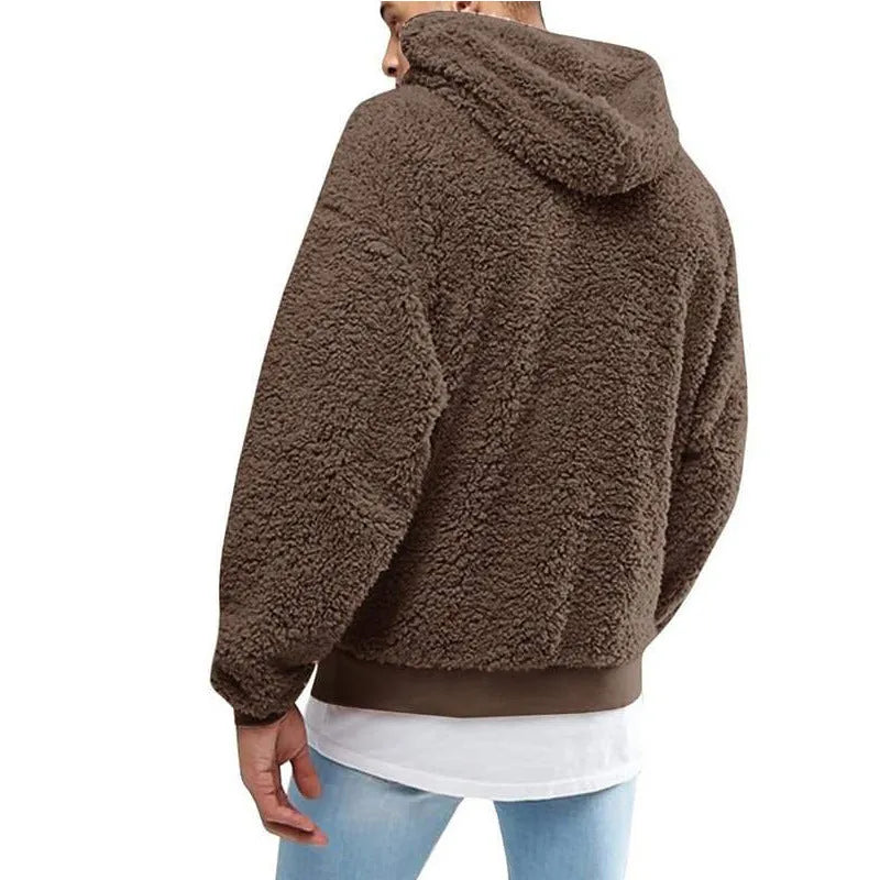 Men's fleece hooded pullover sweatshirt in black, long sleeves, hood, casual winter design