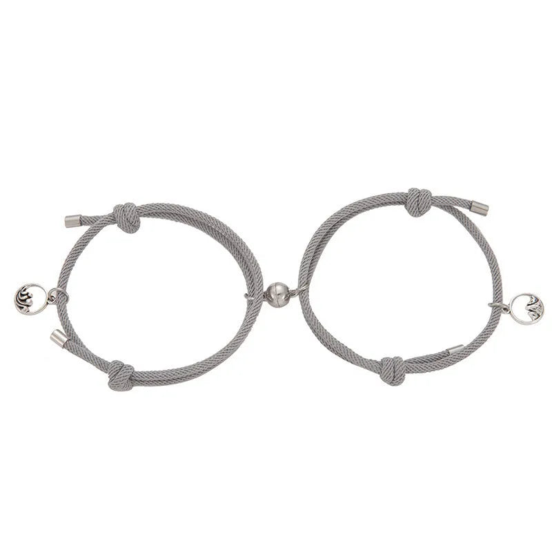 Alloy eachother couple bracelet set with magnetic buckle and carved mountains and rivers charm, adjustable size, colour beige black