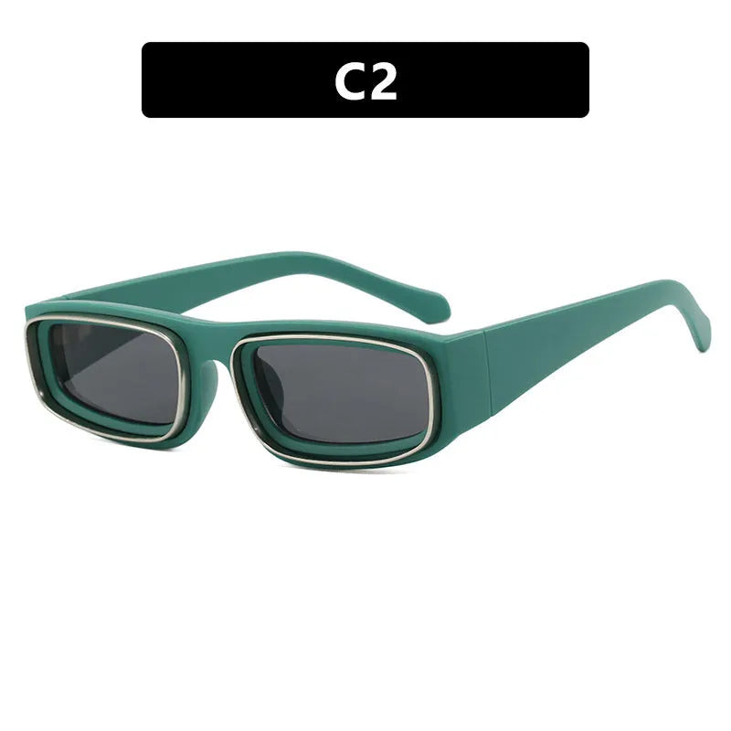 Double circle narrow frame square sun glasses in black with gray lens, retro punk street style design