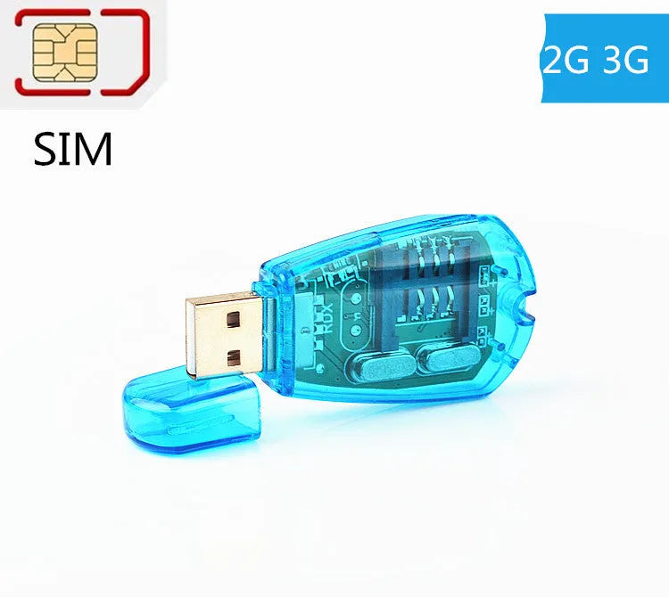Blue coloured USB SIM card reader for mobile phone data transfer and backup.