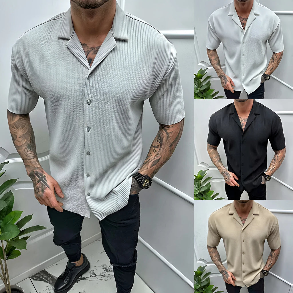 Men's cardigan solid colour short sleeve shirt in cotton blend, available in black