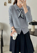 Lapel scarf sweater cardigan in acrylic fibre with splicing detail in beige colour
