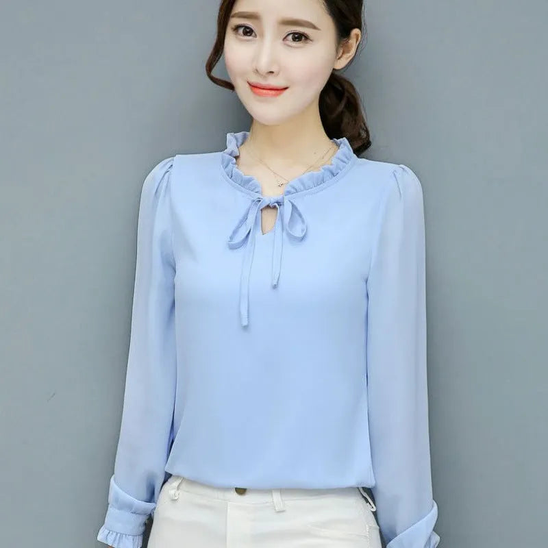 Loose plus size bow chiffon shirt in rose red – women's polyester long sleeve pullover blouse