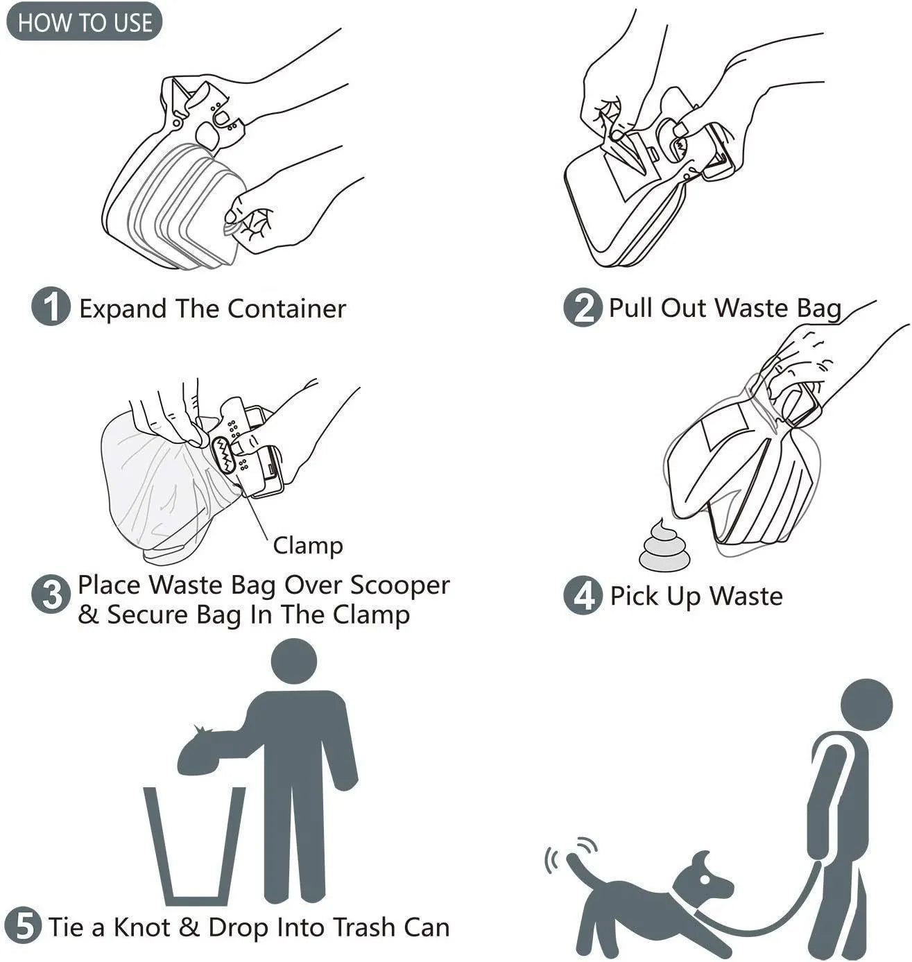 Blue portable handheld dog pooper scooper with clip and expandable waste container on a green background.