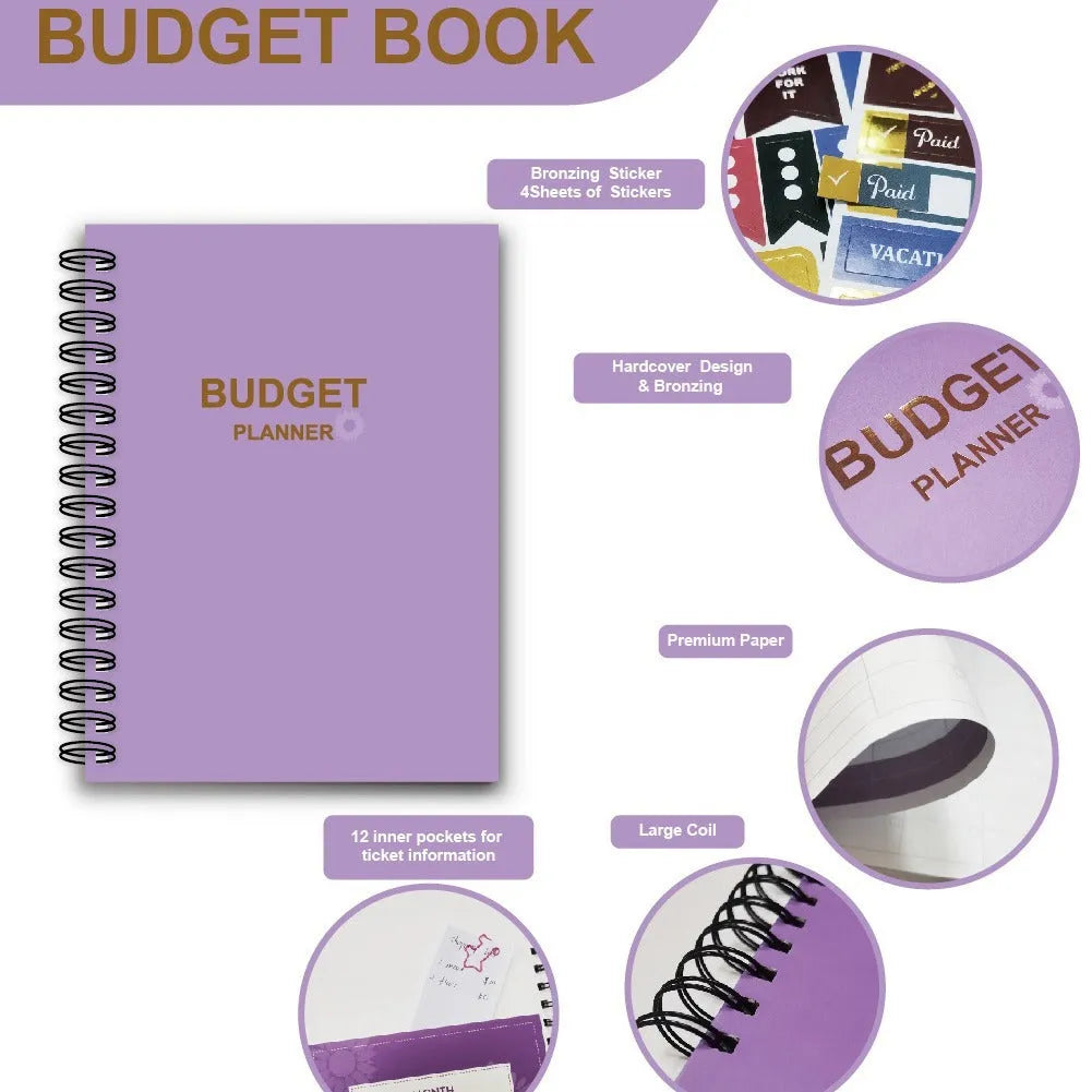 Purple coil-bound financial planning notebook with budgeting stickers and paper clips for monthly expense tracking