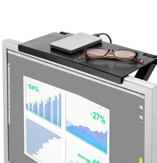 Adjustable black screen top shelf compatible with Apple TV and Roku, 13-inch size, on a computer monitor
