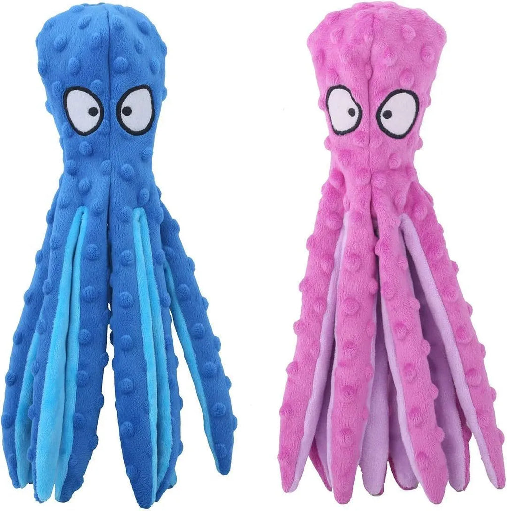 Blue octopus dog squeaky toy with no stuffing measuring 32cm long