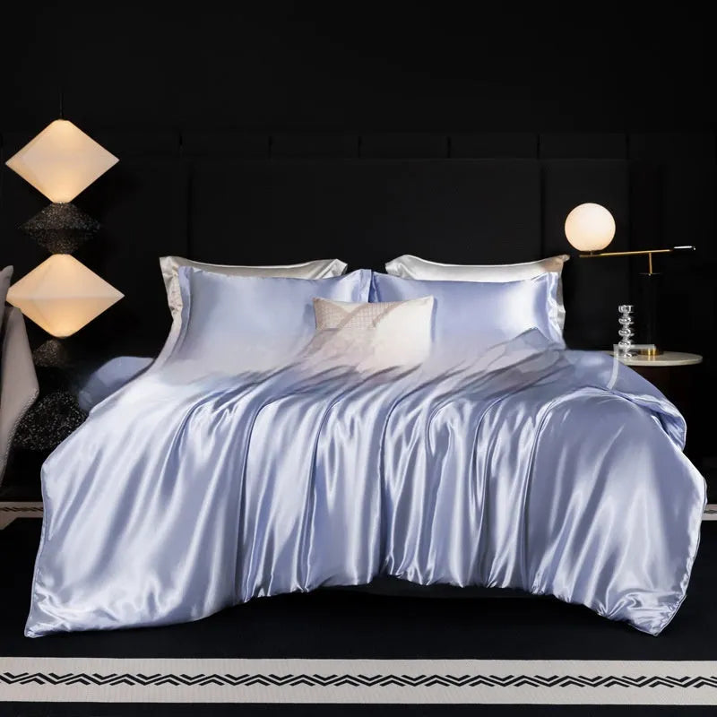 Silk bed sheet four-piece set in solid colours showing multiple size options for household bedding