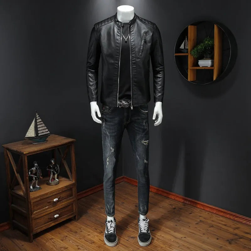 Fall plus size PU leather jacket with stand collar for men, available in black or white, featuring zipper pockets