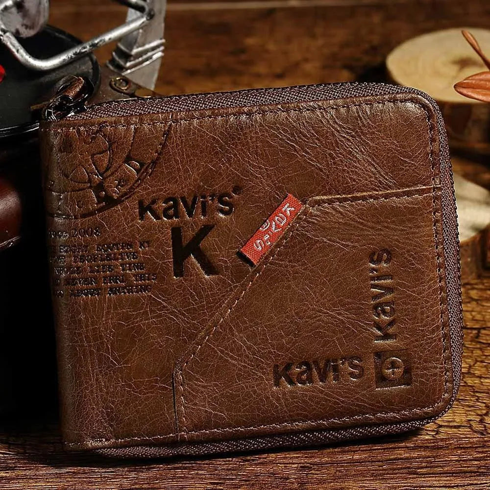Men's coffee-coloured soft leather wallet with vintage locomotive pattern and horizontal design