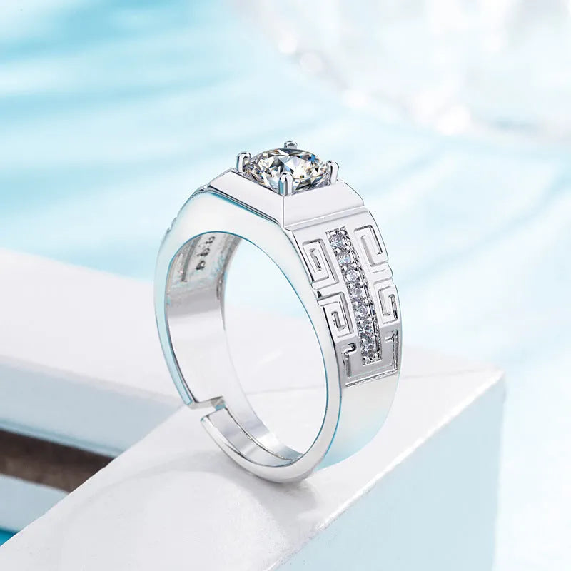 Geometric white gold moissanite ring for men with clean lines and brilliant stone