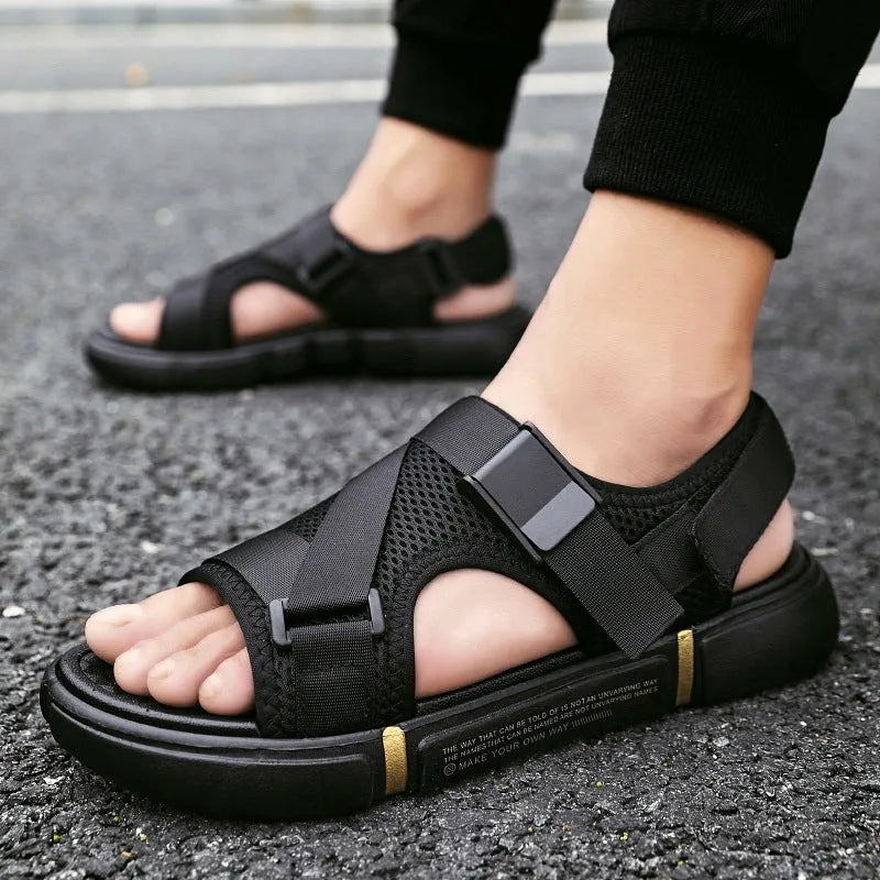 Men's black hair slippers with Velcro closure and open toe for summer beach wear