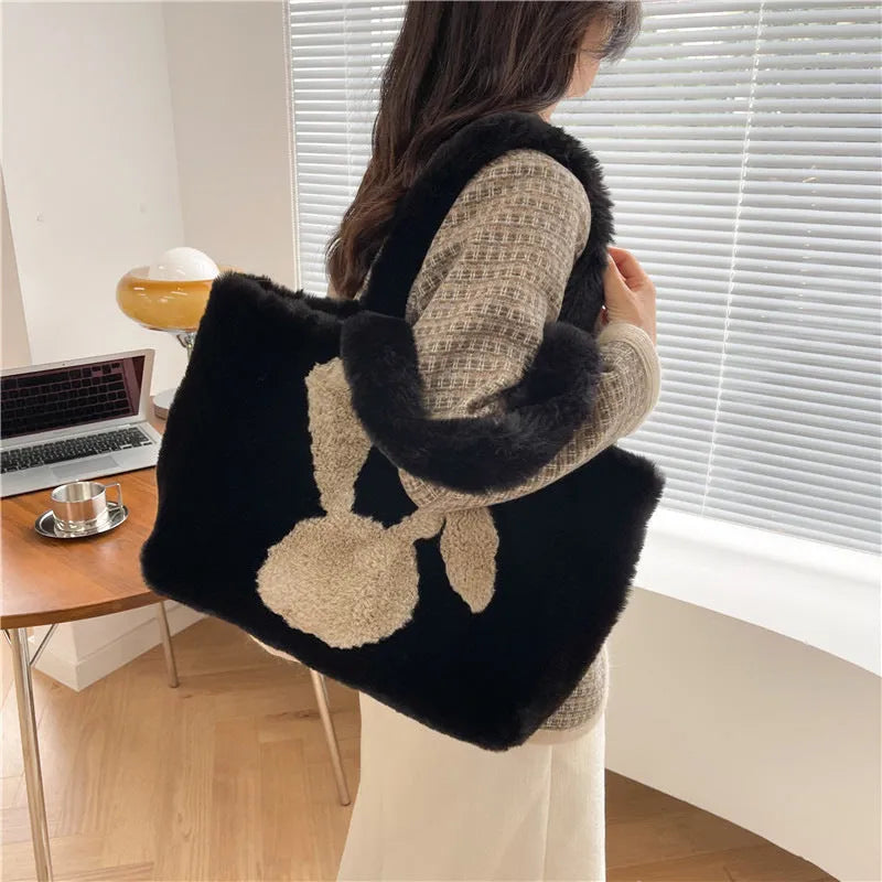 Plush shoulder bag with cartoon rabbit ears design in six colour options