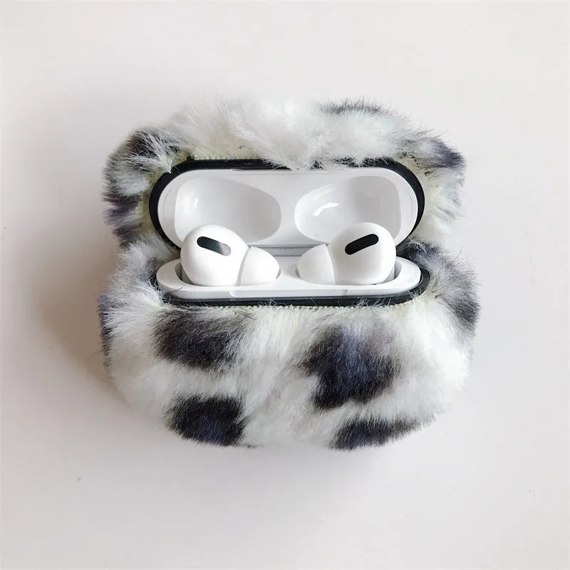 Plush headphone case with leopard print, flip-style design, for AirPods 1st/2nd gen and AirPods Pro 3rd gen