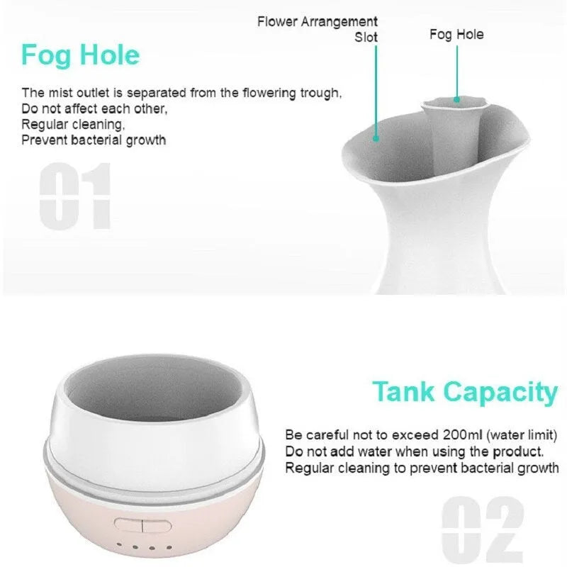 White ultrasonic aromatherapy vase humidifier with colourful LED night light and 200ml water tank capacity