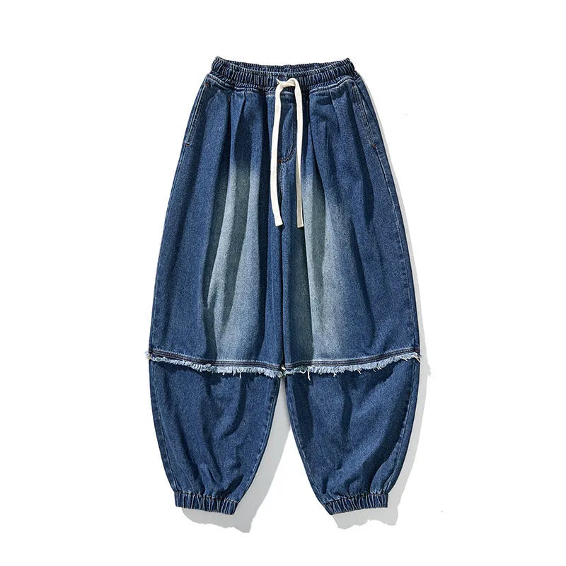 Large size Japanese Hong Kong style retro loose harem bloomers in cotton denim, low waist drawstring, black colour