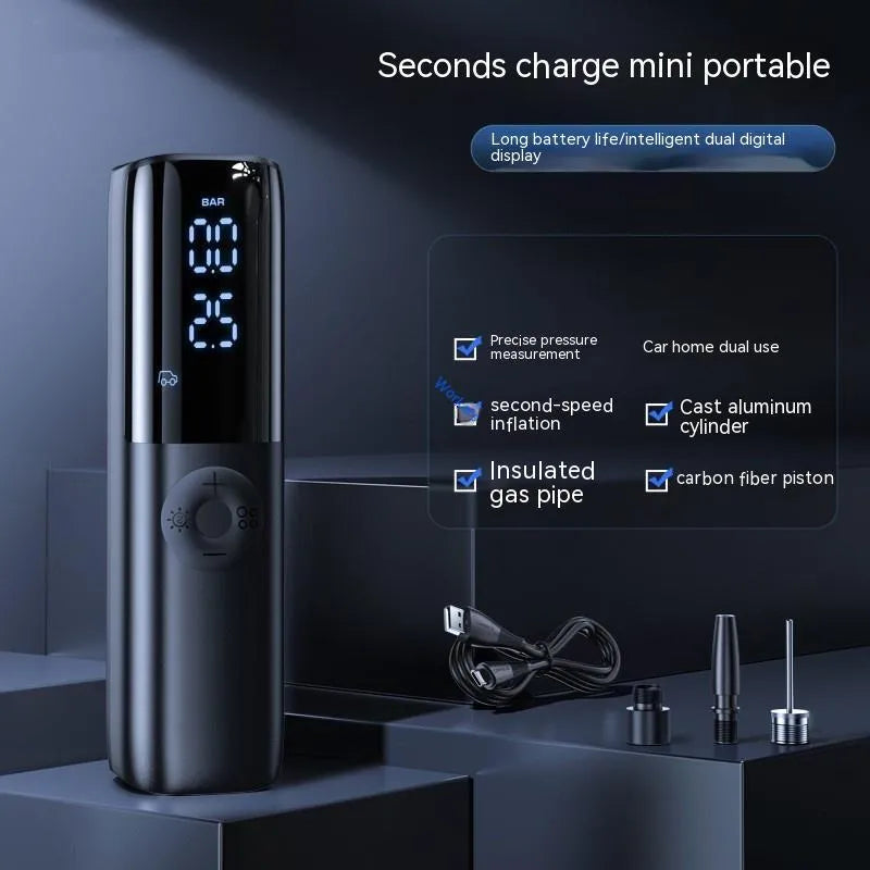 Black portable electric vehicle air pump with dual voltage and built-in tyre pressure gauge