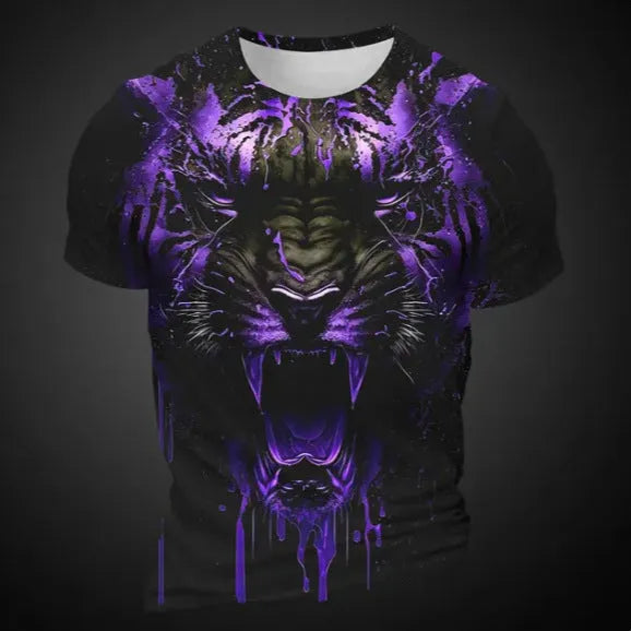 Men's grey t-shirt with a detailed 3D tiger face print on the chest.