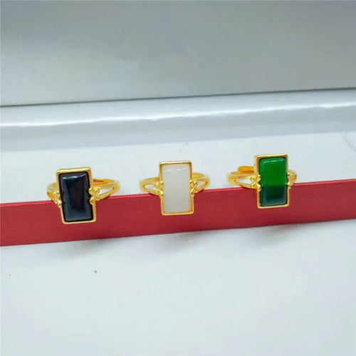 Adjustable brass gold-plated ring with electroplated finish showing gemstone inlay in national style design