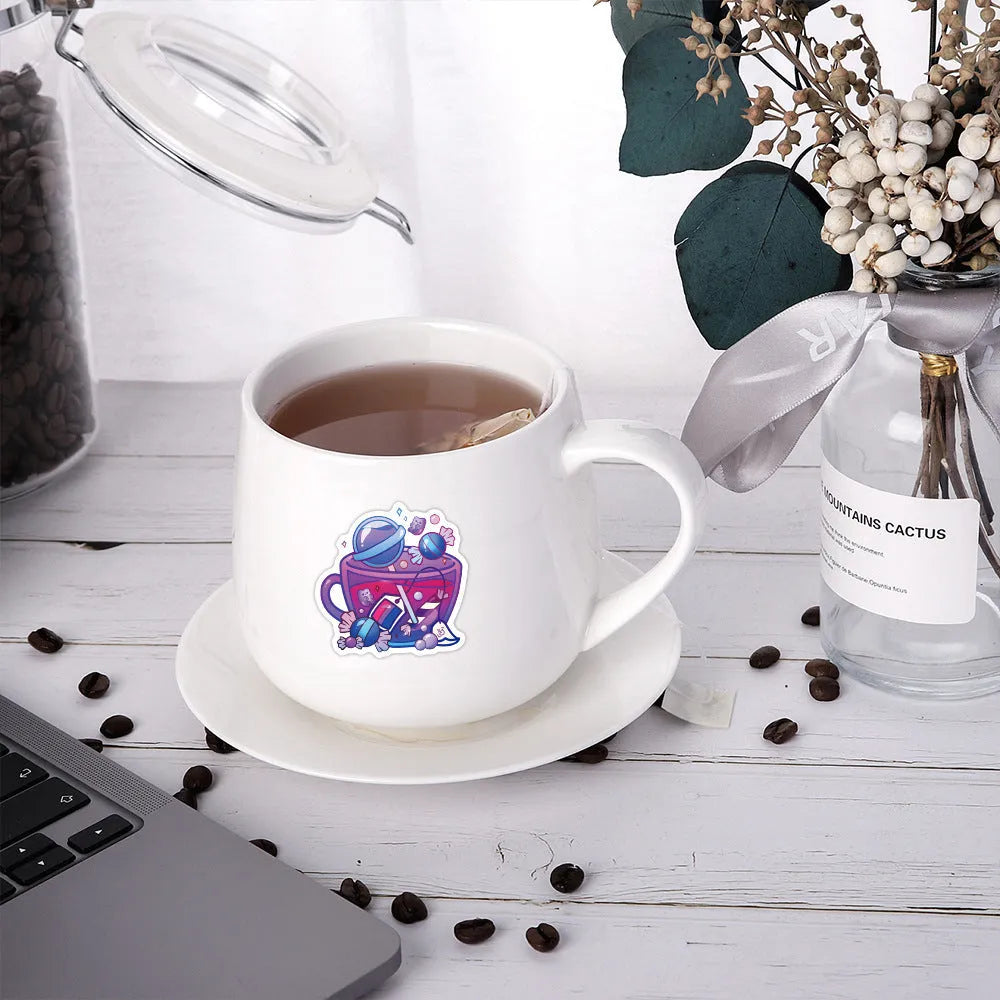 Colourful tea cup design graffiti stickers 50-piece set for sports equipment and luggage customisation