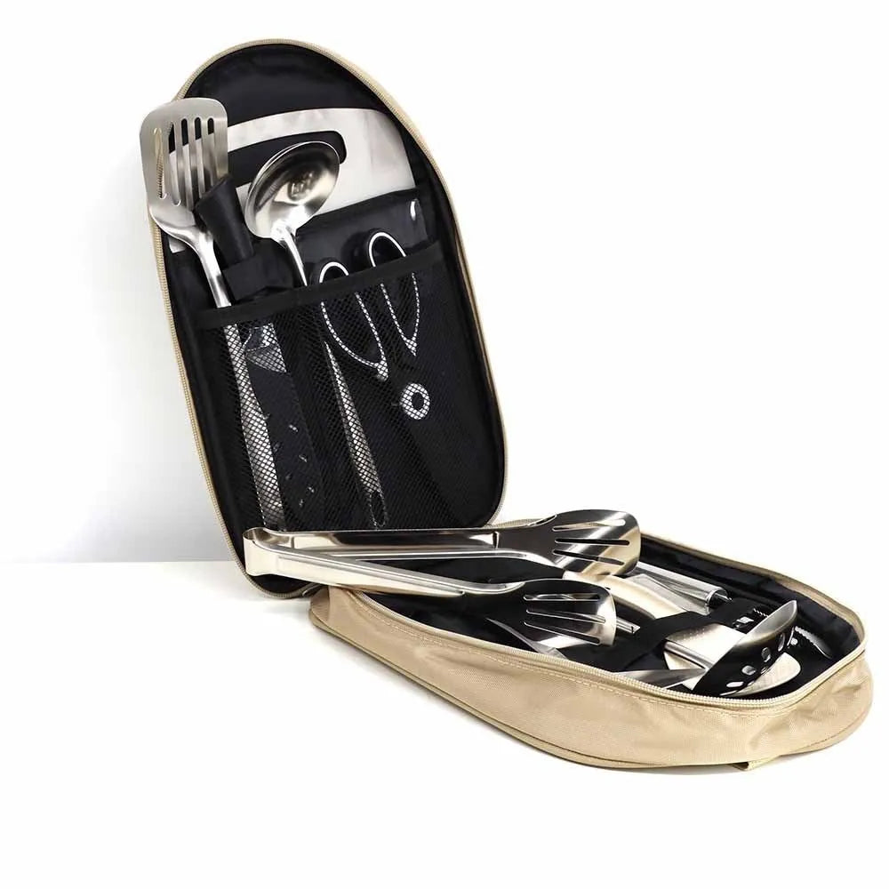 12-piece stainless steel cutlery set inside a khaki portable picnic storage bag