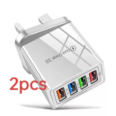 Multi-port USB charging head with four ports, PC+ABS housing in black, white, and blue options