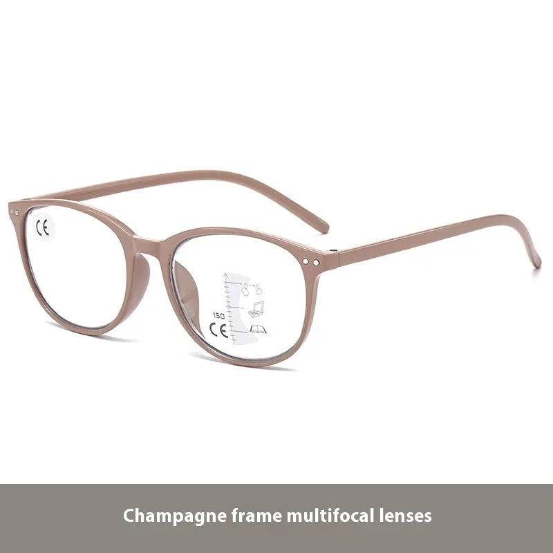 Woman wearing ultra-light multi-focus reading glasses in a Champagne Box frame colour, suitable for presbyopic vision correction.