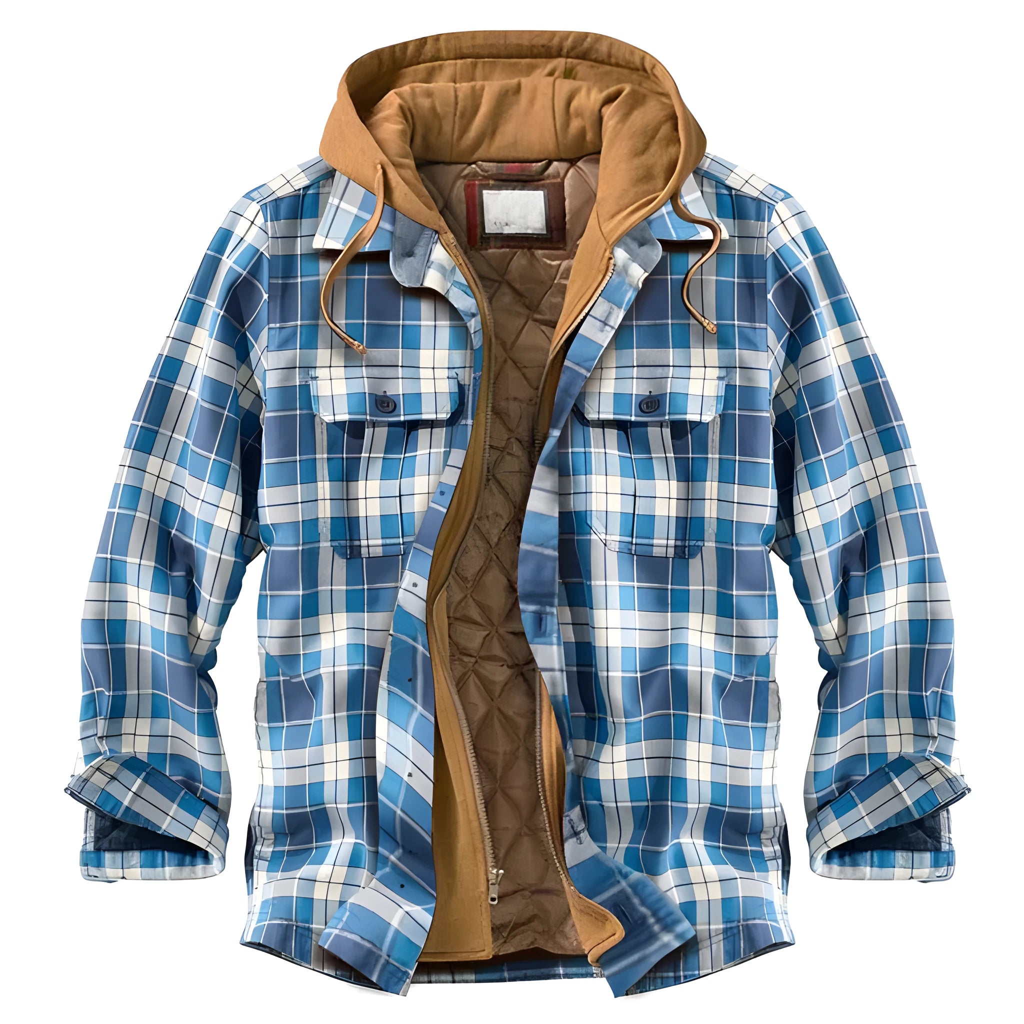 Men's blue check long sleeve hooded jacket with cotton blend fabric, loose fit