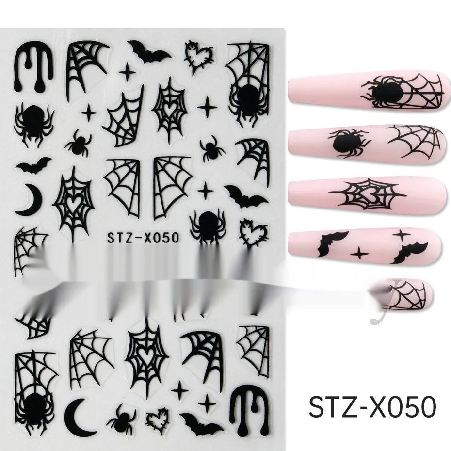 Sheet of black and silver strip nail art stickers with cartoon and love heart designs