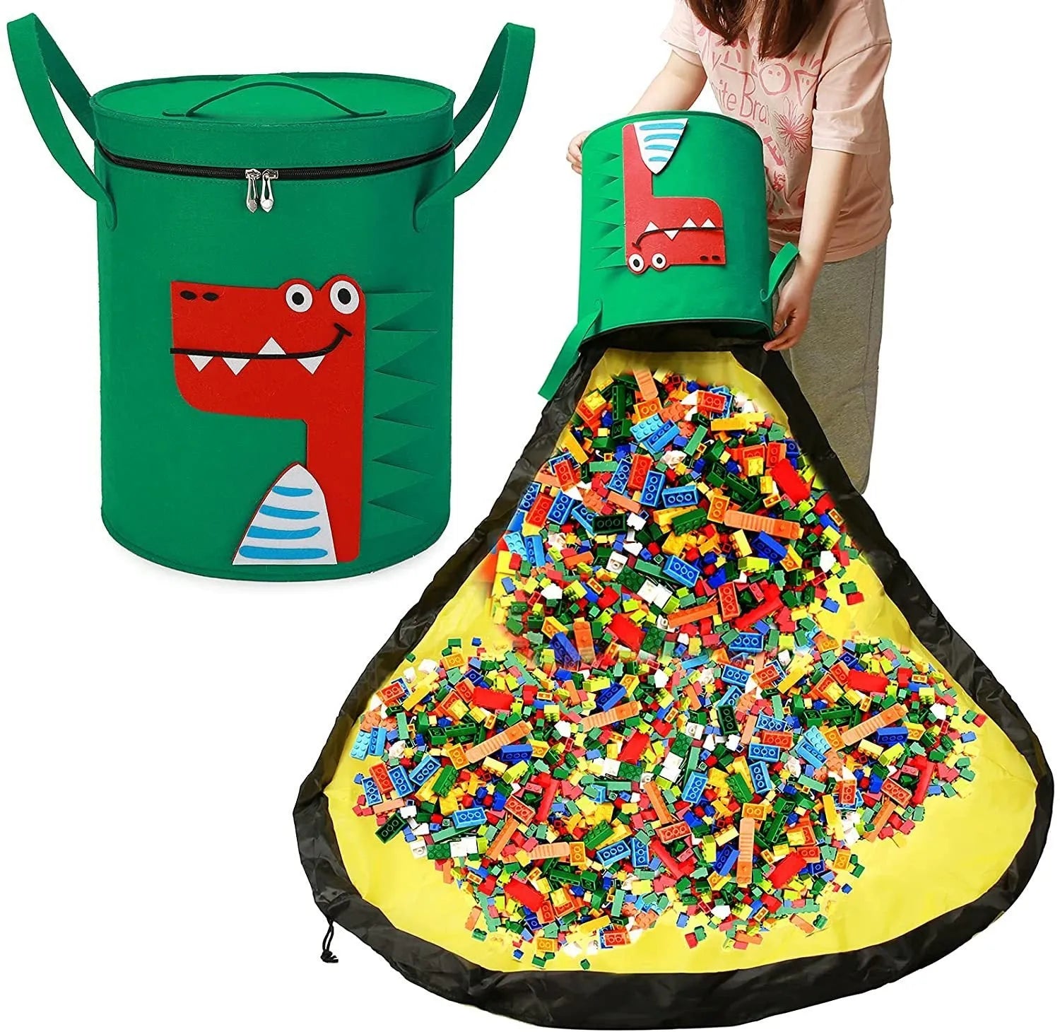 Green felt storage bag cinched closed with pull rope, shown next to it laid flat as a play mat