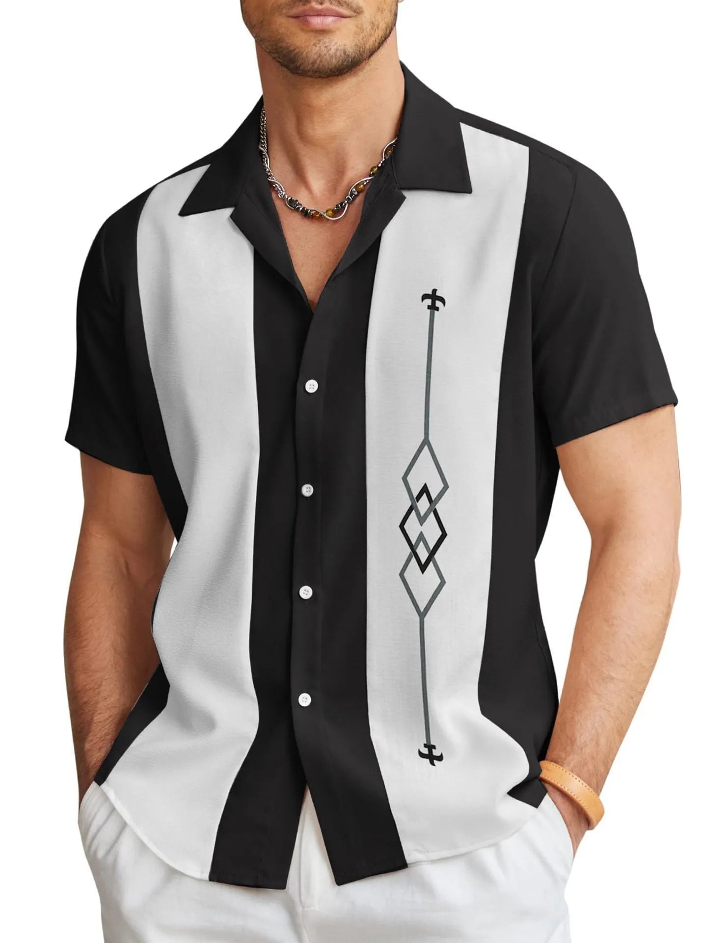Men's slim fit short sleeve Hawaiian shirt cardigan in elastic polyester fabric