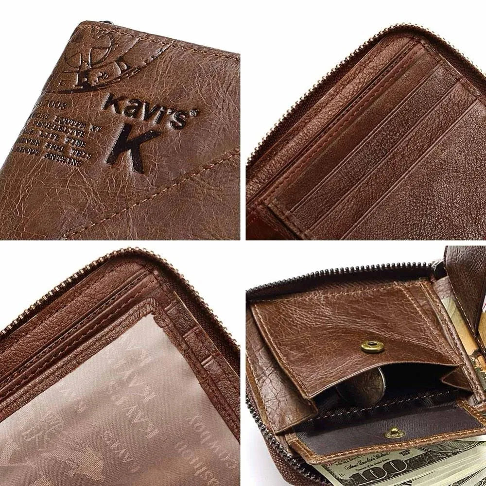 Men's coffee-coloured soft leather wallet with vintage locomotive pattern and horizontal design