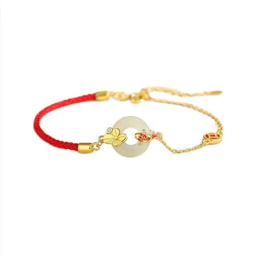 925 silver koi safety buckle bracelet with peace buckle and red rope detailing