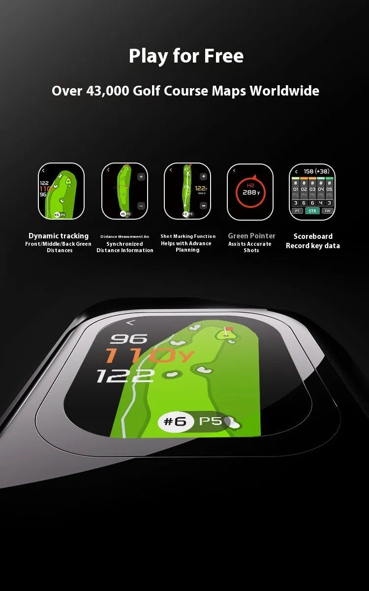Black GenePro G1 golf GPS laser rangefinder with AMOLED touch screen shown in hand.