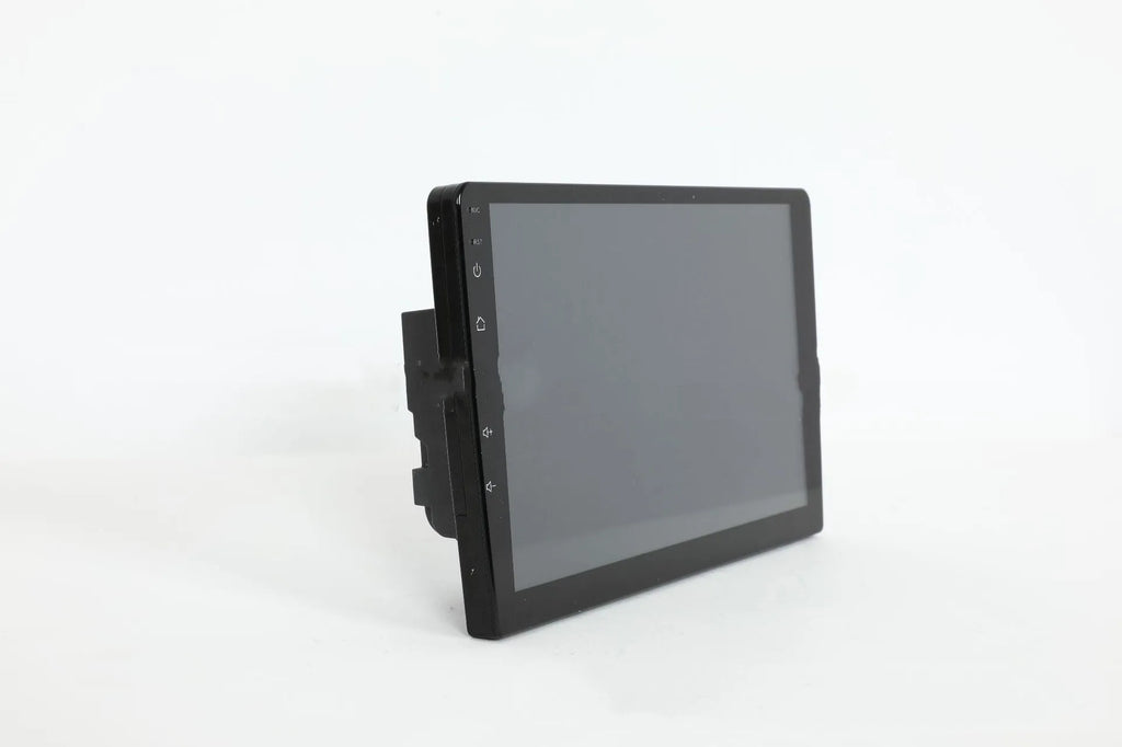 Black Android car stereo with touch screen display showing GPS navigation interface