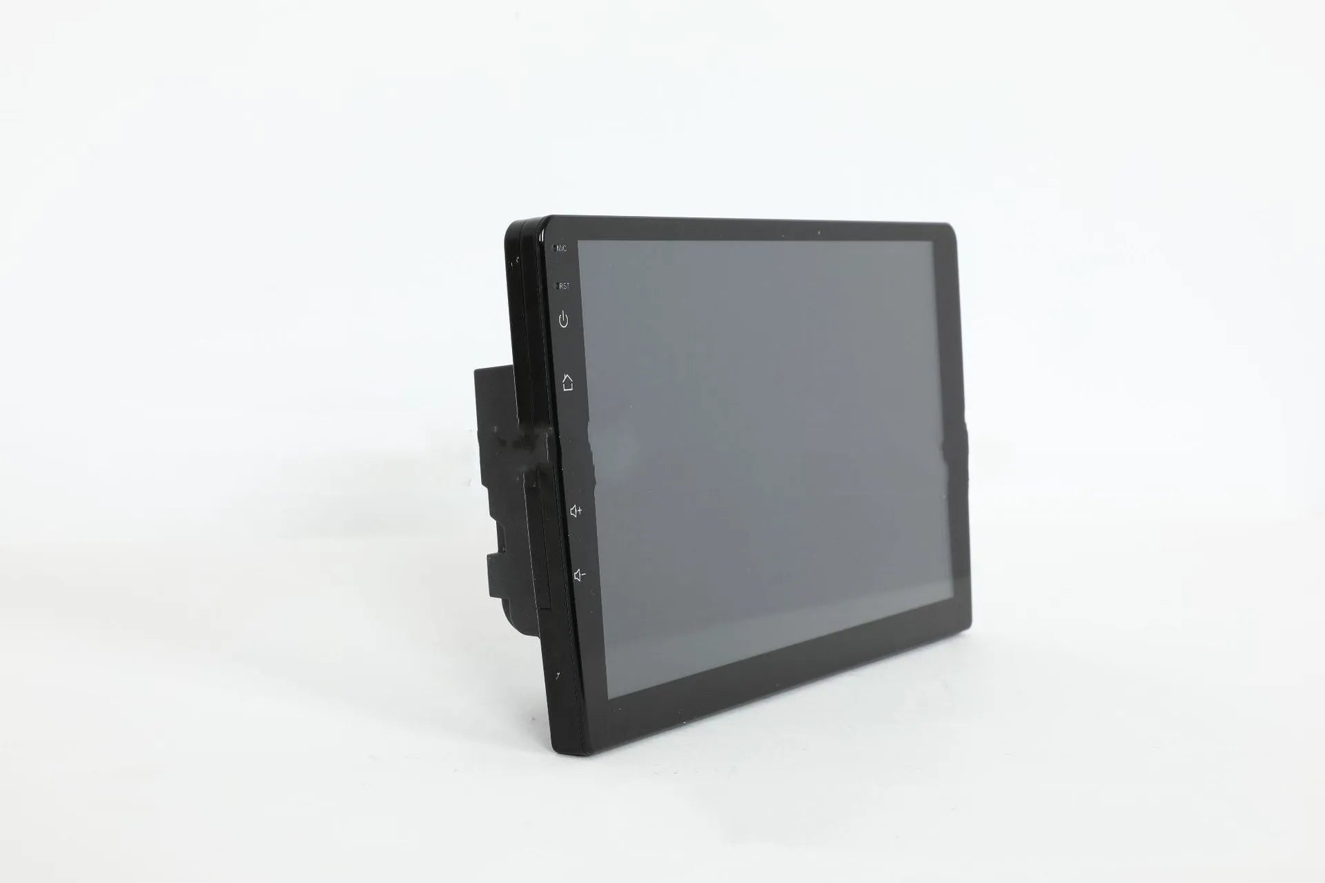 Black Android car stereo with touch screen display showing GPS navigation interface