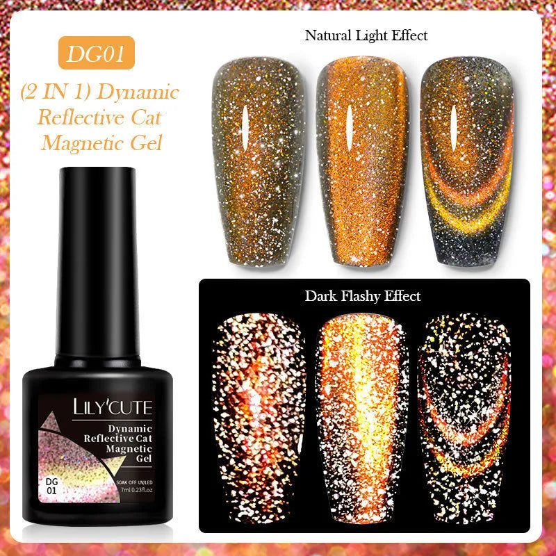 Cat eye series gel nail polish bottles showing six colour variations with diamond glitter fragments