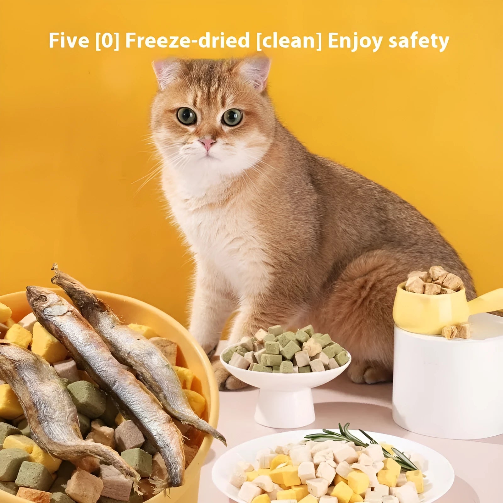 Assorted freeze-dried pet snacks including chicken, salmon, egg yolk, and rabbit blood in small resealable packs for dogs and cats