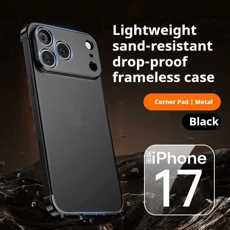 Metal corner pad phone case for iPhone 17 Pro Max in Black, ultra-thin frameless alloy with frosted finish